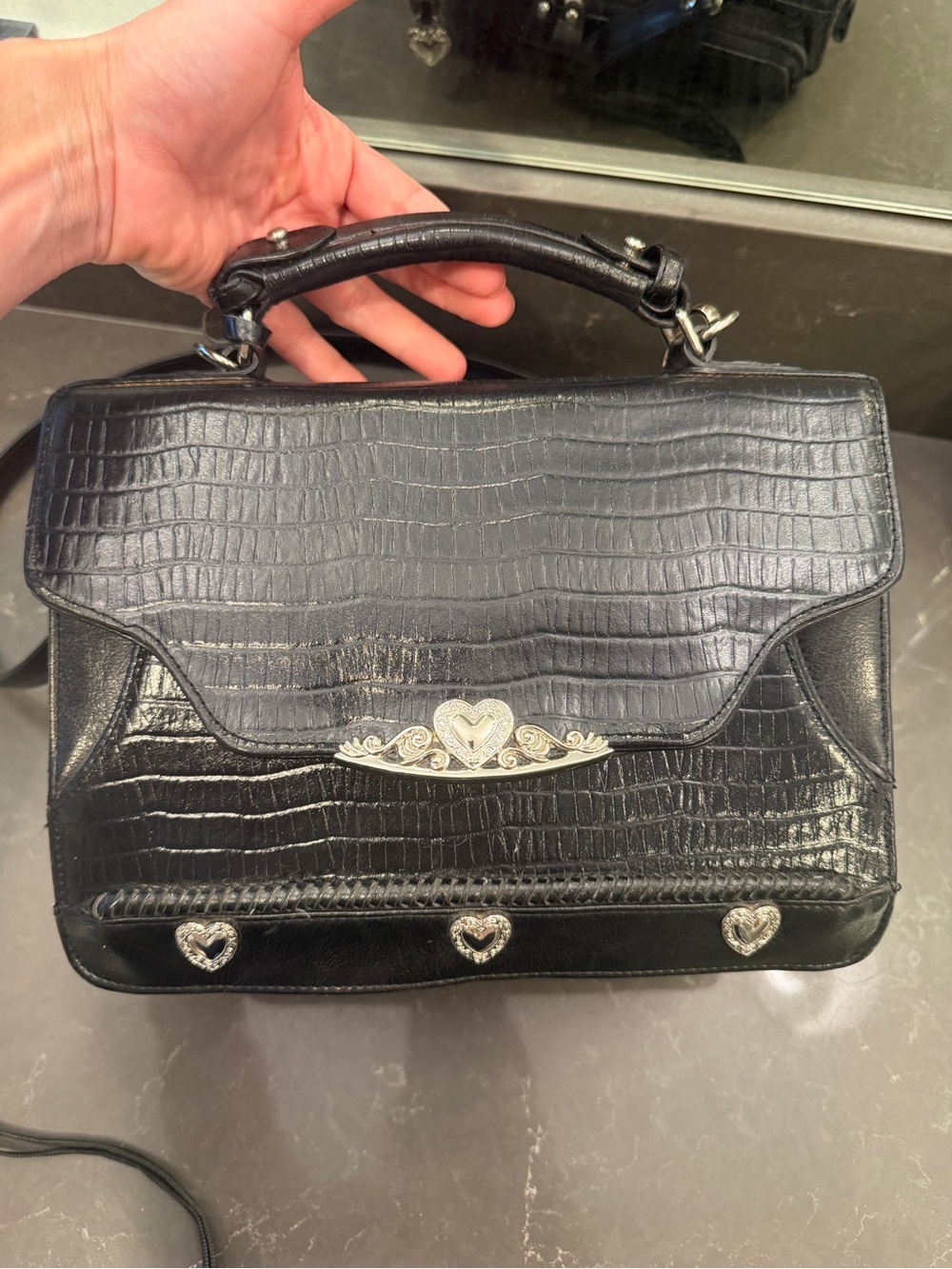 Vintage Brighton Black Croc-Embossed Top Handle Bag with Heart Accent